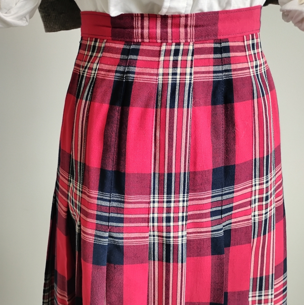 Pendleton Vintage 80s Wool Pleated Maxi Skirt Preppy Navy Blue Red Plaid Size 8 - Picture 3 of 15